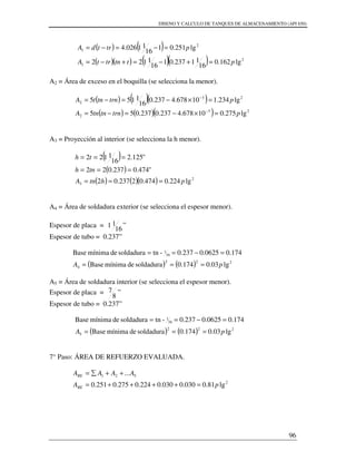 DISENO Y CALCULO DE TANQUES DE ALMACENAMIENTO (API 650)
96
( ) ( )
( )( ) ( )( ) 2
1
2
1
lg162.0
16
11237.01
16
1122
lg251.01
16
11026.4
pttntrtA
ptrtdA
=+−=+−=
=−=−=
A2 = Área de exceso en el boquilla (se selecciona la menor).
( ) ( )( )
( ) ( )( ) 23
2
23
2
lg275.010678.4237.0237.055
lg234.110678.4237.0
16
1155
ptrntntnA
ptrntntA
=×−=−=
=×−=−=
−
−
A3 = Proyección al interior (se selecciona la h menor).
( )
( )
( ) ( )( ) 2
3 lg224.0474.02237.02
"474.0237.022
"125.2
16
1122
phtnA
tnh
th
===
===
===
A4 = Área de soldadura exterior (se selecciona el espesor menor).
Espesor de placa =
16
11 ”
Espesor de tubo = 0.237”
( ) ( ) 222
4
16
1
lg03.0174.0soldadurademínimaBase
174.00625.0237.0-tnsoldadurademínimaBase
pA ===
=−==
A5 = Área de soldadura interior (se selecciona el espesor menor).
Espesor de placa =
8
7 ”
Espesor de tubo = 0.237”
( ) ( ) 222
5
16
1
lg03.0174.0soldadurademínimaBase
174.00625.0237.0-tnsoldadurademínimaBase
pA ===
=−==
7° Paso: ÁREA DE REFUERZO EVALUADA.
2
521
lg81.0030.0030.0224.0275.0251.0
...
pA
AAAA
RE
RE
=++++=
++∑=
 