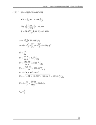 DISENO Y CALCULO DE TANQUES DE ALMACENAMIENTO (API 650)
99
3.5.5.1 ANÁLISIS DE SOLDADURA.
W = PL "5"
4
3 × = 29.8
ft
lb
( )
( ) 2
22
lg08.12
3
5
)5(
4
3
3
lg5.11)5(2
4
32
p
d
bdSw
pAw
=+





=+=
=+=
( ) ( ) ( ) lg
83.40966.40866.303.4
lg
66.408
08.12
68.4936
lg
66.30
5.11
62.352
lg
3.4
5.11
46.49
222
22
p
lbW
WbWsWW
p
lbWb
p
lbWs
p
lbW
Aw
P
W
T
T
=++=
++=
==
==
==
=
"
4
1
lg042.0
9600
83.409
min =
====
b
p
f
W
bW T
( ) lbft
ft
lbW
pies
p
pie
p
46.4966.18.29
66.1
lg12
1
lg20
==
=





 