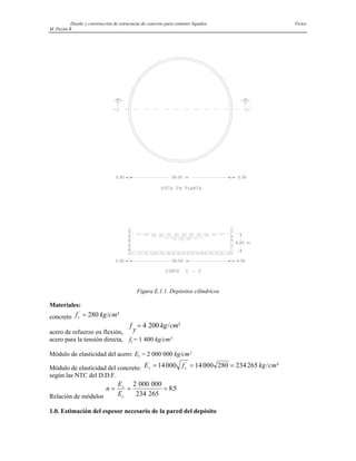 Diseño y construcción de estructuras de concreto para contener líquidos Víctor
M. Pavón R
Figura E.1.1. Depósitos cilíndricos
Materiales:
concreto f kg c
c
'
/ ²
= 280 m
acero de refuerzo en flexión,
f
y
kg cm
= 4 200 / ²
acero para la tensión directa, fs = 1 400 kg/cm²
Módulo de elasticidad del acero: Es = 2 000 000 kg/cm²
Módulo de elasticidad del concreto: E f kg cm
c c
= = =
14000 14000 280 234265
'
/ ²
según las NTC del D.D.F.
Relación de módulos
n
E
E
s
c
= = =
2 000 000
234 265
85
.
1.0. Estimación del espesor necesario de la pared del depósito
 