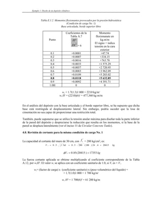 Ejemplo 1: Diseño de un depósito cilíndrico
Tabla E.1.2. Momentos flexionantes provocados por la presión hidrostática
(Condición de carga No. 1)
Base articulada, borde superior libre
Punto
Coeficientes de la
Tabla A.7
2
²
Dt
H
= 6
Momento
flexionanate en
kg.m/m
El signo + indica
tensión en la cara
exterior
0.1 +0.0001 +47.74
0.2 +0.0007 +334.15
0.3 +0.0016 +763.78
0.4 +0.0033 +1 575.29
0.5 +0.0057 +2 720.95
0.6 +0.0083 +3 962.09
0.7 +0.0109 +5 203.02
0.8 +0.0118 +5 632.85
0.9 +0.0092 +4 391.71
1.0H 0 0
wu = 1.7(1.3)1 000 = 2210 kg/m3
wu H3
= (2210)(6)3
= 477,360 kg m/m
En el análisis del depósito con la base articulada y el borde superior libre, se ha supuesto que dicha
base está restringida al desplazamiento lateral. Sin embargo, podría suceder que la losa de
cimentación no sea capaz de proporcionar una restricción total.
También, puede suponerse que se utilice la tensión anular máxima para diseñar toda la parte inferior
de la pared del depósito y despreciarse la reducción que resulta en los momentos, si la base de la
pared se desplaza lateralmente (ver el inciso 11 de Circular Concrete Tanks).
4.0. Revisión de cortante para la misma condición de carga No. 1
La capacidad al cortante del muro de 30 cm, con = 280 kg/cm², es:
fc
'
kg
bd
f
V c
c 20415
4
.
24
)
100
(
280
5
.
0
'
5
.
0 =
=
=
kg
Vc 17353
)
20415
(
85
.
0 =
=
φ
La fuerza cortante aplicada se obtiene multiplicando al coeficiente correspondiente de la Tabla
A.12, por wuH². El valor wu se aplica con un coeficiente sanitario de 1.0, si Vu es < Vc.
wu= (factor de carga) x (coeficiente sanitario) x (peso volumétrico del líquido) =
= 1.7(1.0)1 000 = 1 700 kg/m3
wu H² = 1 700(6)² = 61 200 kg/m
 