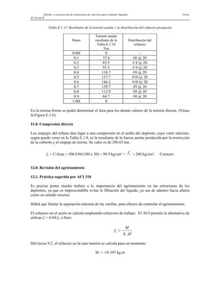 Diseño y construcción de estructuras de concreto para contener líquidos Víctor
M. Pavón R
Tabla E.1.12. Resultante de la tensión anular y la distribución del refuerzo propuesto
Punto
Tensión anular
resultante de la
Tabla E.1.10
Ton
Distribución del
refuerzo
0.0H 0 -
0.1 37.4 #8 @ 20
0.2 65.5 # 8 @ 20
0.3 93.5 # 9 @ 20
0.4 118.7 #9 @ 20
0.5 137.7 #10 @ 20
0.6 146.2 #10 @ 20
0.7 139.7 #9 @ 20
0.8 112.9 #9 @ 20
0.9 64.7 #8 @ 20
1.0H 0 -
En la misma forma se podrá determinar el área para los demás valores de la tensión directa. (Véase
la Figura E.1.6).
11.0. Compresión directa
Los empujes del relleno dan lugar a una compresión en el anillo del depósito, cuyo valor máximo,
según puede verse en la Tabla E.1.8, es la resultante de la fuerza anular producida por la restricción
de la cubierta y el empuje de tierras. Su valor es de 296.63 ton.
fc = C/Area = 296 630/(100 x 30) = 98.9 kg/cm² < = 280 kg/cm²: Correcto
fc
'
12.0. Revisión del agrietamiento
12.1. Práctica sugerida por ACI 318
Es preciso poner mucho énfasis a la importancia del agrietamiento en las estructuras de los
depósitos, ya que es imprescindible evitar la filtración del líquido, ya sea de adentro hacia afuera
como en sentido inverso.
Habrá que limitar la separación máxima de las varillas, para efectos de controlar el agrietamiento.
El esfuerzo en el acero se calcula empleando esfuerzos de trabajo. El ACI permite la alternativa de
utilizar fs = 0.60 fy, o bien:
f
M
A jd
s
s
=
Del inciso 9.2. el refuerzo en la cara interior se calcula para un momento
Mu = -10 347 kg.m
 