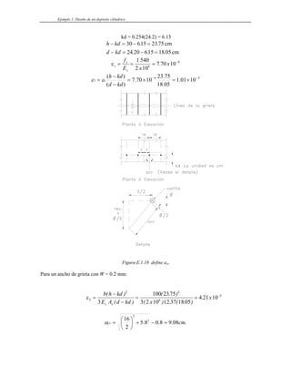 Ejemplo 1: Diseño de un depósito cilíndrico
kd = 0.254(24.2) = 6.15
h kd
d kd
− = − =
− = − =
30 615 2375
24 20 615 18 05
. .
. . .
cm
cm
εs
s
s
f
E x
x
= = = −
1 540
2 10
7 70 10
6
4
.
3
4
1 10
01
.
1
05
.
18
75
.
23
10
70
.
7
)
(
)
( −
−
×
=
×
=
−
−
=
kd
d
kd
h
s
ε
ε
Figura E.1.18 define acr
Para un ancho de grieta con W = 0.2 mm:
ε2
2 2
6
5
3
100 2375
3 2 10 12 37 18 05
4 21 10
=
−
−
= = −
b h kd
E A d kd x
x
s s
( )
( )
( . )
( ) . ( . )
.
.
08
.
9
8
.
0
8
.
5
2
16 2
2
cm
cr =
−
+
⎟
⎠
⎞
⎜
⎝
⎛
=
α
 