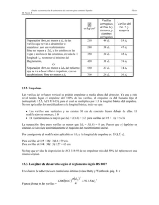 Diseño y construcción de estructuras de concreto para contener líquidos Víctor
M. Pavón R
fc
'
en kg/cm²
Varillas
corrugadas
del No. 6 y
menores, y
alambres
corrugados
Varillas del
No. 7 y
mayores
Separación libre, no menor a db, de las
varillas que se van a desarrollar o
210 44 db 55 db
empalmar, con un recubrimiento
libre no menor a 2db, y los estribos en las
280 38 db 47 db
vigas o anillos en las columnas, en toda la l
longitud ld , no menor al mínimo del
350 34 db 42 db
Reglamento,
O
420 31 db 39 db
Separación libre, no menor a 2db, del refuerzo
que se va a desarrollar o empalmar, con un
560 27 db 34 db
recubrimiento libre no menor a db 700 24 db 30 db
13.2. Empalmes
Las varillas del refuerzo vertical se podrán empalmar a media altura del depósito. Ya que a este
nivel tendrá lugar el empalme del 100% de las varillas, el empalme es del llamado tipo B
(subcapítulo 12.5, ACI 318-95), para el cual se multiplica por 1.3 la longitud básica del empalme.
No son aplicables los modificadores a la longitud básica, toda vez que:
• Las varillas son verticales y no existen 30 cm de concreto fresco debajo de ellas. El
modificador es entonces, 1.0
• El recubrimiento es mayor que 2db = 2(1.6) = 3.2 para varillas del #5 < rec = 5 cm
La separación libre entre varillas es mayor que 5db = 5(1.6) = 8 cm. Puesto que el depósito es
circular, se satisface automáticamente el requisito del recubrimiento lateral.
Por consiguiente el modificador aplicable es 1.0, y la longitud de empalme es: 38(1.3) db
Para varillas del #5 : 38(1.3)1.6 =79 cm.
Para varillas del #4: 38(1.3) 1.27 = 63 cm
No hay que olvidar la disposición de ACI 318-95 de no empalmar más del 50% del refuerzo en una
misma sección.
13.3. Longitud de desarrollo según el reglamento inglés BS 8007
El esfuerzo de adherencia en condiciones últimas (véase Batty y Westbrook, pág. 81):
Fuerza última en las varillas =
( )
( ) 2
2
5
.
913
4
87
.
0
4200 b
b
d
d
π
π
=
 