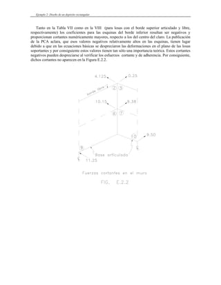 Ejemplo 2: Diseño de un depósito rectangular
Tanto en la Tabla VII como en la VIII (para losas con el borde superior articulado y libre,
respectivamente) los coeficientes para las esquinas del borde inferior resultan ser negativos y
proporcionan cortantes numéricamente mayores, respecto a los del centro del claro. La publicación
de la PCA aclara, que esos valores negativos relativamente altos en las esquinas, tienen lugar
debido a que en las ecuaciones básicas se despreciaron las deformaciones en el plano de las losas
soportantes y por consiguiente estos valores tienen tan sólo una importancia teórica. Estos cortantes
negativos pueden despreciarse al verificar los esfuerzos cortante y de adherencia. Por consiguiente,
dichos cortantes no aparecen en la Figura E.2.2.
 