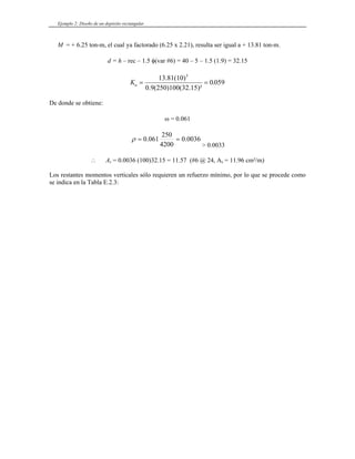 Ejemplo 2: Diseño de un depósito rectangular
M = + 6.25 ton-m, el cual ya factorado (6.25 x 2.21), resulta ser igual a + 13.81 ton-m.
d = h – rec – 1.5 φ(var #6) = 40 – 5 – 1.5 (1.9) = 32.15
Ku = =
13.81(10)
0.9(250)100(32.15)²
5
0 059
.
De donde se obtiene:
ω = 0.061
0036
.
0
4200
250
061
.
0 =
=
ρ
> 0.0033
∴ As = 0.0036 (100)32.15 = 11.57 (#6 @ 24, As = 11.96 cm²/m)
Los restantes momentos verticales sólo requieren un refuerzo mínimo, por lo que se procede como
se indica en la Tabla E.2.3:
 