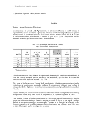 Ejemplo 2: Diseño de un depósito rectangular
Es aplicable la expresión 4.8 del presente Manual:
Ec.(4.8)
donde s = separación máxima del refuerzo.
Con referencia a la Unidad 4.4.2, Agrietamiento, de este mismo Manual, es posible integrar la
siguiente tabla, la cual muestra las separaciones máximas del refuerzo empleado en este ejemplo.
Para las varillas #5, el refuerzo necesario es tan sólo el mínimo. Para las varillas Nos. 6, 8, 10 y 11,
en condiciones normales de exposición, Z máxima es igual 20,555 kg/cm. La separación máxima
admisible se calcula aplicando la ecuación 4.8 arriba mostrada.
Tabla E.2.8. Separación máxima de las varillas
para el control del agrietamiento
Varilla
M
ton-m
jd, en cm
(de la
Tabla E.2.3)
As
cm²/m
jd
A
M
f
s
s = dc
en cm
s máxima
en cm
#5 + 3.88 29.93 11.29* 1,148 5.79 85.56
#6 + 6.38 29.55 14.02 1,540 5.95 33.58
#8 + 9.38 29.28 20.80 1,540 6.27 30.24
#10 - 14.13 28.86 33.31 1,470 6.59 31.48
#11 - 18.25 28.73 43.21 1,470 6.75 30.00
* Refuerzo mínimo
De conformidad con la tabla anterior, las separaciones máximas para controlar el agrietamiento en
todas las varillas utilizadas resultan mayores a las propuestas y por lo tanto, se aceptan los
resultados obtenidos según las Tablas E.2.3. y E.2.6.
Tal y como se llevó a cabo en el Ejemplo No.1, para depósitos cilíndricos, es aconsejable revisar las
condiciones de agrietamiento, calculadas mediante el procedimiento británico, para verificar la
estanqueidad de los depósitos y poder tener una comparación con el procedimiento recomendado
por ACI.
De igual manera, para las condiciones de servicio, es necesario revisar las longitudes de desarrollo y
traslape de las varillas, tal y como se hizo en el Ejemplo No. 1, y como lo sugiere el ACI-318.
En el presente ejemplo se han dejado de ilustrar los casos en que los tableros o muros del depósito
tengan que soportar presiones por el exterior, debidas al empuje de tierras, lo cual sucede cuando el
depósito se encuentre enterrado o semienterrado. Tampoco se ha ilustrado la influencia en los
elementos mecánicos de los tableros, cuando el depósito contenga una cubierta o tapa. Estos casos
se dejan al lector para que los investigue por su cuenta.
 