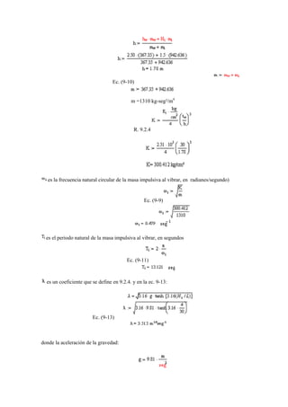 Ec. (9-10)
m =1310 kg-seg²/m4
R. 9.2.4
es la frecuencia natural circular de la masa impulsiva al vibrar, en radianes/segundo)
Ec. (9-9)
es el periodo natural de la masa impulsiva al vibrar, en segundos
Ec. (9-11)
es un coeficiente que se define en 9.2.4. y en la ec. 9-13:
Ec. (9-13)
donde la aceleración de la gravedad:
 