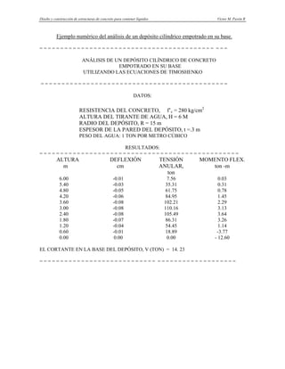 Diseño y construcción de estructuras de concreto para contener líquidos Víctor M. Pavón R
Ejemplo numérico del análisis de un depósito cilíndrico empotrado en su base.
= = = = = = = = = = = = = = = = = = = = = = = = = = = = = = = = = = = = = = = = = = = = =
ANÁLISIS DE UN DEPÓSITO CILÍNDRICO DE CONCRETO
EMPOTRADO EN SU BASE
UTILIZANDO LAS ECUACIONES DE TIMOSHENKO
= = = = = = = = = = = = = = = = = = = = = = = = = = = = = = = = = = = = = = = = = = = = =
DATOS:
RESISTENCIA DEL CONCRETO, f’c = 280 kg/cm2
ALTURA DEL TIRANTE DE AGUA, H = 6 M
RADIO DEL DEPÓSITO, R = 15 m
ESPESOR DE LA PARED DEL DEPÓSITO, t =.3 m
PESO DEL AGUA: 1 TON POR METRO CÚBICO
RESULTADOS:
= = = = = = = = = = = = = = = = = = = = = = = = = = = = = = = = = = = = = = = = = = = = = = = =
ALTURA
m
DEFLEXIÓN
cm
TENSIÓN
ANULAR,
ton
MOMENTO FLEX.
ton -m
6.00 -0.01 7.56 0.03
5.40 -0.03 35.31 0.31
4.80 -0.05 61.75 0.78
4.20 -0.06 84.95 1.45
3.60 -0.08 102.21 2.29
3.00 -0.08 110.16 3.13
2.40 -0.08 105.49 3.64
1.80 -0.07 86.31 3.26
1.20 -0.04 54.45 1.14
0.60 -0.01 18.89 -3.77
0.00 0.00 0.00 - 12.60
EL CORTANTE EN LA BASE DEL DEPÓSITO, V (TON) = 14. 23
= = = = = = = = = = = = = = = = = = = = = = = = = = = = = = = = = = = = = = = = = = = = = = =
 