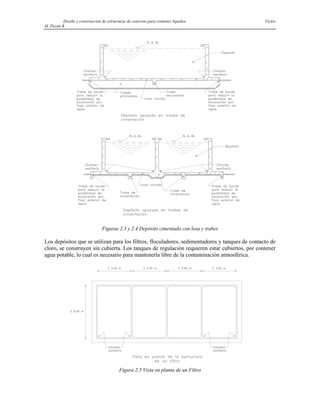 Diseño y construcción de estructuras de concreto para contener líquidos Víctor
M. Pavón R
Figuras 2.3 y 2.4 Depósito cimentado con losa y trabes
Los depósitos que se utilizan para los filtros, floculadores, sedimentadores y tanques de contacto de
cloro, se construyen sin cubierta. Los tanques de regulación requieren estar cubiertos, por contener
agua potable, lo cual es necesario para mantenerla libre de la contaminación atmosférica.
Figura 2.5 Vista en planta de un Filtro
 
