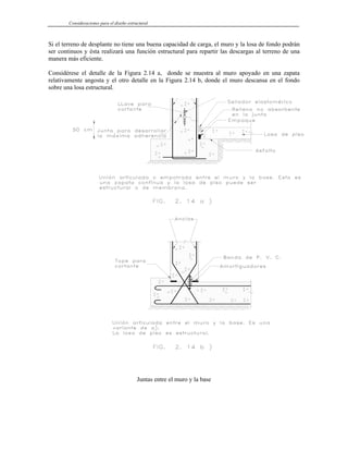 Consideraciones para el diseño estructural
Si el terreno de desplante no tiene una buena capacidad de carga, el muro y la losa de fondo podrán
ser continuos y ésta realizará una función estructural para repartir las descargas al terreno de una
manera más eficiente.
Considérese el detalle de la Figura 2.14 a, donde se muestra al muro apoyado en una zapata
relativamente angosta y el otro detalle en la Figura 2.14 b, donde el muro descansa en el fondo
sobre una losa estructural.
Juntas entre el muro y la base
 