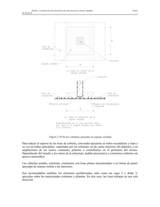 Diseño y construcción de estructuras de concreto para contener líquidos Víctor
M. Pavón R
Figura 2.16 De las columnas apoyadas en zapatas aisladas
Para reducir el espesor de las losas de cubierta, convendrá apoyarlas en trabes secundarias y éstas a
su vez en trabes principales, soportadas por las columnas en las zonas interiores del depósito, o en
ampliaciones de los muros, columnas, pilastras o contrafuertes en el perímetro del mismo.
Dependiendo del tamaño y los claros de la estructura, podrán proyectarse y construirse cubiertas sin
apoyos intermedios.
Las cubiertas pueden, asimismo, construirse con losas planas encasetonadas o en forma de panal,
apoyadas de manera similar a las anteriores.
Son recomendables también, los elementos prefabricados, tales como las vigas T y doble T,
apoyadas sobre las mencionadas columnas y pilastras. En este caso, las losas trabajan en una sola
dirección.
 