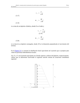 Diseño y construcción de estructuras de concreto para contener líquidos Víctor
M. Pavón R
R
V
v s
s
π
=
(3.17)
R
M
m s
s
π
=
(3.18)
si se trata de un depósito cilíndrico, donde R es el radio y
B
V
v s
s
4
=
(3.19)
B
M
m s
s
4
=
(3.20)
si se trata de un depósito rectangular, donde 2B es la dimensión perpendicular al movimiento del
terrreno.
En la Figura 3.4, se muestra la distribución lineal equivalente de la presión que se propone para
valuar las presiones hidrodinámicas locales.
Así, PH y PO son la presión equivalente en el borde superior e inferior del depósito, respectivamente,
valores que se determinan resolviendo el siguiente sencillo sistema de ecuaciones simultáneas
siguiente:
 