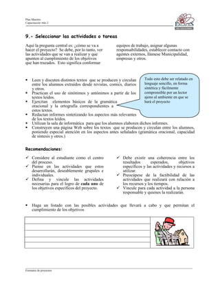 Plan Maestro
Capacitación Año 2

9.- Seleccionar las actividades o tareas
Aquí la pregunta central es: ¿cómo se va a
hacer el proyecto? Se debe, por lo tanto, ver
las actividades que se van a realizar y que
apunten al cumplimiento de los objetivos
que han trazados. Esto significa conformar

equipos de trabajo, asignar algunas
responsabilidades, establecer contacto con
agentes externos, llámese Municipalidad,
empresas y otros.

Todo esto debe ser relatado en
Leen y discuten distintos textos que se producen y circulan
lenguaje sencillo, en forma
entre los alumnos extraídos desde revistas, comics, diarios
sintética y fácilmente
y otros.
comprensible por un lector
Practican el uso de sinónimos y antónimos a partir de los
ajeno al ambiente en que se
textos leídos.
hará el proyecto
Ejercitan elementos básicos de la gramática
oracional y la ortografía correspondientes a
estos textos.
Redactan informes sintetizando los aspectos más relevantes
de los textos leídos.
Utilizan la sala de informática para que los alumnos elaboren dichos informes.
Construyen una página Web sobre los textos que se producen y circulan entre los alumnos,
poniendo especial atención en los aspectos antes señalados (gramática oracional, capacidad
de síntesis y otros.)

Recomendaciones:
Considere al estudiante como el centro
del proceso.
Piense en las actividades que estos
desarrollarán, deseablemente grupales e
individuales.
Defina y vincule las actividades
necesarias para el logro de cada uno de
los objetivos específicos del proyecto.

Debe existir una coherencia entre los
resultados
esperados,
objetivos
específicos y las actividades y recursos a
utilizar.
Preocúpese de la factibilidad de las
actividades que realizará con relación a
los recursos y los tiempos.
Vincule para cada actividad a la persona
responsable y quienes la realizarán.

Haga un listado con las posibles actividades que llevará a cabo y que permitan el
cumplimiento de los objetivos

____________________________________________________________________________________________________________________
Formatos de proyectos

 