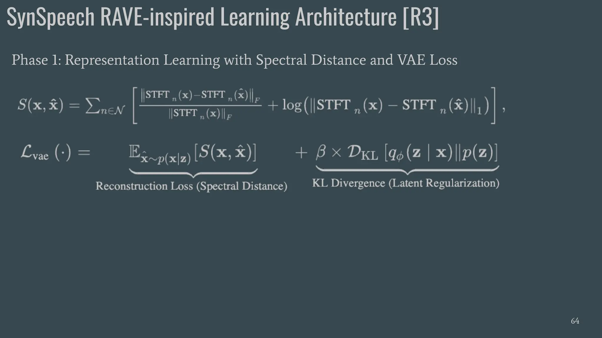 SynSpeech RAVE-inspired Learning Architecture [R3]
64
Phase 1: Representation Learning with Spectral Distance and VAE Loss
 