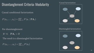 Disentanglement Criteria: Modularity
14
Causal conditional factorization
The result is a disentangled factorization
Causal factorization
Disentangled factorization
For disentanglement
 