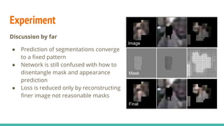 Conclusion
Our contributions
● Our method successfully simulates human perceptual grouping
mechanism from motion cues
● Proposed method can successfully learn more generalized and richer
video representations by disentangling motion, foreground and
background
● Given the small amount of data used for pre-training, our method is
promising in rendering better results with larger dataset
 