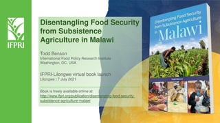 Disentangling Food Security
from Subsistence
Agriculture in Malawi
Todd Benson
International Food Policy Research Institute
Washington, DC, USA
IFPRI-Lilongwe virtual book launch
Lilongwe | 7 July 2021
Book is freely available online at
http://www.ifpri.org/publication/disentangling-food-security-
subsistence-agriculture-malawi
 