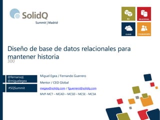 #SQSummit
@fernansql,
@miguelegea
Diseño de base de datos relacionales para
mantener historia
300
Mentor / CEO Global
megea@solidq.com / fguerrero@solidq.com
MVP-MCT – MCAD – MCSD – MCSE - MCSA
Miguel Egea / Fernando Guerrero
 