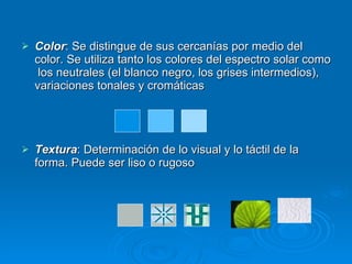 Color : Se distingue de sus cercanías por medio del color. Se utiliza tanto los colores del espectro solar como  los neutrales (el blanco negro, los grises intermedios), variaciones tonales y cromáticas Textura : Determinación de lo visual y lo táctil de la forma. Puede ser liso o rugoso  