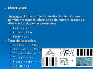 LÓGICA VISUAL Jerarquía : El desarrollo de niveles de atención que permita procesar la información de manera ordenada. Afecta a los siguientes parámetros: Interés Situación Valores Tipos de jerarquías: Arriba – Abajo Grande – Pequeño Centrado – Periférico Contraste Separado – Grupal Brillante 
