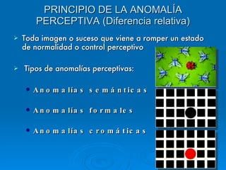 PRINCIPIO DE LA ANOMALÍA PERCEPTIVA (Diferencia relativa) Toda imagen o suceso que viene a romper un estado de normalidad o control perceptivo Tipos de anomalías perceptivas: Anomalías semánticas Anomalías formales Anomalías cromáticas 