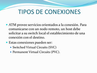 TIPOS DE CONEXIONESATM provee servicios orientados a la conexión. Para comunicarse con un nodo remoto, un host debe solicitar a su switch local el establecimiento de una conexión con el destino. 