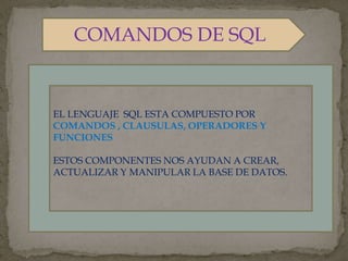 COMANDOS DE SQL
EL LENGUAJE SQL ESTA COMPUESTO POR
COMANDOS , CLAUSULAS, OPERADORES Y
FUNCIONES
ESTOS COMPONENTES NOS AYUDAN A CREAR,
ACTUALIZAR Y MANIPULAR LA BASE DE DATOS.
 