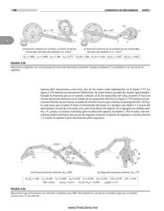 138 CINEMÁTICA DE MECANISMOS PARTE I
3
muestra diez mecanismos como ésos, dos de los cuales están reproducidos en la figura 3-37. La
figura 3-37a muestra un mecanismo Chebyschev de cuatro barras trazador de círculos aproximados.
Cuando la manivela gira en el sentido contrario al de las manecillas del reloj, el punto P traza un
círculo del mismo diámetro en el sentido de las manecillas del reloj. La figura 3-37b muestra un me-
canismo Delone, de seis barras, trazador de círculos exactos que contiene un pantógrafo (B-C-D-O4),
lo cual causa que el punto P imite el movimiento del punto A y produce una réplica 1:1 exacta del
movimiento circular de A en torno a O4, pero en la dirección opuesta. Si se agregara un eslabón entre
OP y P, giraría a la misma velocidad, pero en dirección opuesta al eslabón 2. Por lo tanto, este me-
canismo podría sustituirse por un par de engranes externos (conjunto de engranes) con una relación
1:1 (véase el capítulo 9 para información sobre engranes).
FIGURA 3-35
Mecanismo agitador de una lavadora. El motor de velocidad constante impulsa el eslabón 2 y el eslabón 6 en O6 oscila el
agitador
A
A
B B
E
E
D
D
L5 = 1.286L3 = 3.800L2 = 1.000 L6 = 0.771
a) Posición extrema en sentido contrario al de las
manecillas del reloj del eslabón 6 a +96.4°
b) Posición extrema en el sentido de las manecillas
del reloj del eslabón 6 a −116.2°
O2
O4
O6
2
3 4 5
6
P P
157°
O2O6 = 4.643O2O4 = 3.857O4 D = 1.429O4 B = 1.286
w2
O2
O4 O6
2
3
4
5
6w2 q2 = 167°q2 = –12°
FIGURA 3-36
Mecanismo de ocho barras con rotación oscilatoria de ±360° del eslabón 8 cuando la manivela 2 gira por completo
(Fuente: Hain,[22] pp. 368-370)
a) Primera posición extrema, q2 = 209° b) Segunda posición extrema, q2 = 19°
O2 O4
O62
3
4
8
7
5
6
4
2
3
4
5
6
7
8
4
42° 42°
A
AB
B
C
C
D
D
EF
E
F
O2 O4 O6
L3 = 0.990L2 = 0.450 L8 = 0.572L6 = 0.325 L7 = 0.938 CD = 0.325 CE = 1.145
128.6°
x
O2O4 = 1.00
O4O6 = 0.419 O4 B = O4C = 0.590DE = 0.823 ∠CDE = 173°
Norton03.indd 138Norton03.indd 138 1/29/09 6:39:22 PM1/29/09 6:39:22 PM
www.FreeLibros.me
 