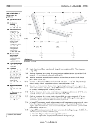 142 CINEMÁTICA DE MECANISMOS PARTE I
3-7 Repita el problema 3-2 con una relación de tiempo de retorno rápido de 1:1.4. (Véase el ejemplo
3-9, p. 106.)
*3-8 Diseñe un mecanismo de seis barras de retorno rápido con eslabón de arrastre para una relación de
tiempo de 1:2 y movimiento de balancín de salida de 60°.
3-9 Diseñe un mecanismo de retorno rápido y manivela de cepilladora con una relación de tiempo
de 1:3 (figura 3-14, p. 109).
*3-10 Encuentre los dos cognados del mecanismo mostrado en la figura 3-17 (p. 112). Dibuje los diagra-
mas de Cayley y Roberts. Verifique sus resultados con el programa Fourbar.
3-11 Encuentre los tres mecanismos de cinco barras engranado equivalentes para los tres cognados de
cuatro barras mostrados en la figura 3-25a (p. 120). Verifique sus resultados comparando las curvas
del acoplador con los programas Fourbar y Fivebar.
3-12 Diseñe un mecanismo de seis barras con detenimiento simple para un detenimiento de 90° de movi-
miento de manivela, con un movimiento de balancín de salida de 45°.
3-13 Diseñe un mecanismo de seis barras con detenimiento doble para un detenimiento de 90° de mo-
vimiento de manivela, con un movimiento de balancín de salida de 60°, seguido por un segundo
detenimiento de aproximadamente 60° de movimiento de manivela.
3-14 La figura P3-3 muestra una rueda de afilar operada por pedal impulsada por un mecanismo de cuatro
barras. Construya un modelo de cartón del mecanismo a una escala conveniente. Determine sus
ángulos de transmisión mínimos con el modelo. Comente sobre su funcionamiento. ¿Funcionará? Si
es así, explique cómo lo hace.
3-15 La figura P3-4 muestra un mecanismo de cuatro barras de no Grashof impulsado por el eslabón O2A.
Todas las dimensiones están en centímetros (cm).
a) Encuentre el ángulo de transmisión en la posición mostrada.
b) Encuentre la posiciones de agarrotamiento en función del ángulo AO2O4.
* Respuestas en el apéndice
F.
C1
C2
D1
D2
C3
D3
O2 O4
0.741
2.019
3.933 2.371
0.995 4.303
2.409
0.779
0.652
5.086
2.383 1.905
1.035
FIGURA P3-2
Problemas 3-5 a 3-6
TABLA P3-0 parte 1
Tema/matriz de
problemas
3.2 Tipo de movimiento
3-1
3.3 Condiciones
limitantes
3-14, 3-15, 3-22,
3-23, 3-36, 3-39, 3-42
3.4 Síntesis dimensional
Dos posiciones
3-2, 3-3, 3-4, 3-20,
3-46, 3-47, 3-49, 3-50,
3-52, 3-53, 3-55, 3-56,
3-59, 3-60, 3-63, 3-64,
3-76, 3-77
Tres posiciones con
pivotes móviles
especiﬁcados
3-5, 3-48, 3-51, 3-54,
3-57, 3-61, 3-65
Tres posiciones
con pivotes ﬁjos
especiﬁcados
3-6, 3-58, 3-62, 3-66
3.5 Mecanismos de
retorno rápido
Cuatro barras
3-7, 3-67, 3-68, 3-69
Seis barras
3-8, 3-9, 3-70, 3-71
3.6 Curvas del acoplador
3-15, 3-33, 3-34, 3-35,
3-78 a 3-83
3.7 Cognados
3-10, 3-16, 3-29, 3-30,
3-37, 3-40, 3-43
Movimiento paralelo
3-17, 3-18, 3-21, 3-28
Cognados de cinco
barras engranados
del mecanismo de
cuatro barras
3-11, 3-25, 3-38, 3-41,
3-44
3.8 Mecanismos de línea
recta
3-19, 3-31, 3-32, 3-76,
3-77
3.9 Mecanismos con
detenimiento
Detenimiento simple
3-12, 3-72, 3-73, 3-74
Detenimiento doble
3-13, 3-26, 3-27
Norton03.indd 142Norton03.indd 142 1/29/09 6:39:25 PM1/29/09 6:39:25 PM
www.FreeLibros.me
 