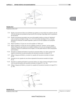 CAPÍTULO 3 SÍNTESIS GRÁFICA DE ESLABONAMIENTOS 145
3AP = 3.06 L4 = 2.33
L3 = 2.06
L2 = 1.0
L1 = 2.22
O2 O4
–31°
A
B
P
FIGURA P3-9
Problemas 3-24 a 3-27
B
AP = 1.09
L2 = 0.785
P
L3 = 0.356
L4 = 0.950
A
L1 = 0.544
O2 O4
FIGURA P3-10
Problemas 3-36 a 3-38
* Respuestas en el apéndice
F.
3-32 Diseñe un mecanismo de línea recta de Hoeken que produzca un error mínimo de rectitud en más del
39% del ciclo para un movimiento en línea recta de 20 cm de largo. Especifique todos los parámetros
del mecanismo.
3-33 Diseñe un mecanismo que produzca una curva del acoplador simétrica en forma de “habichuela”
como se muestra en la figura 3-16 (pp. 111 y 112). Use los datos de la figura 3-21 (p. 116) para
determinar las relaciones de eslabón requeridas y genere la curva del acoplador con el programa
Fourbar.
3-34 Repita el problema 3-33 para una curva del acoplador en “doble recta”.
3-35 Repita el problema 3-33 para una curva de acoplador en forma de “cimitarra” con dos cúspides
distintas. Demuestre que existen (o no) cúspides verdaderas en la curva con el programa Fourbar.
(Sugerencia: Piense en la definición de una cúspide y en cómo puede utilizar los datos del programa
para mostrarla.)
*3-36 Encuentre la condición de Grashof, la inversión, las posiciones límite y los valores extremos del
ángulo de transmisión (con precisión gráfica) del mecanismo mostrado en la figura P3-10.
3-37 Dibuje el diagrama de Roberts y encuentre los cognados del mecanismo mostrado en la figura
P3-10.
3-38 Encuentre los tres cognados de cinco barras engranado del mecanismo mostrado en la figura
P3-10.
*3-39 Encuentre la condición de Grashof, las posiciones límite y los valores extremos del ángulo de trasmi-
sión (con precisión gráfica) del mecanismo mostrado en la figura P3-11 (p. 146).
3-40 Dibuje el diagrama de Roberts y encuentre los cognados del mecanismo mostrado en la figura P3-11
(p. 146).
Norton03.indd 145Norton03.indd 145 1/29/09 6:39:27 PM1/29/09 6:39:27 PM
www.FreeLibros.me
 