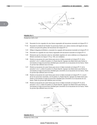 146 CINEMÁTICA DE MECANISMOS PARTE I
3
FIGURA P3-12
Problemas 3-42 a 3-44
B
AP = 0.97
L2 = 0.72
P
L3 = 0.68
L4 = 0.85
L1 = 1.82
O2 O4
A
54°54°
3-41 Encuentre los tres cognados de cinco barras engranados del mecanismo mostrado en la figura P3-11
*3-42 Encuentre la condición de Grashof, las posiciones límite y los valores extremos del ángulo de trans-
misión (con precisión gráfica) del mecanismo de la figura P3-12 .
3-43 Dibuje el diagrama de Roberts y encuentre los cognados del mecanismo mostrado en la figura P3-12.
3-44 Encuentre los cognados de cinco barras engranados del mecanismo mostrado en la figura P3-12.
3-45 Demuestre que las relaciones entre las velocidades angulares de varios eslabones en el diagrama de
Roberts mostrado en la figura 3-25 (p. 120), son verdaderas.
3-46 Diseñe un mecanismo de cuatro barras para mover el objeto mostrado en la figura P3-13, de la
posición 1 a la 2, y utilice los puntos A y B para fijación. Agregue una díada motriz para limitar su
movimiento al rango de posiciones diseñado para convertirlo en un mecanismo de seis barras. Todos
los pivotes fijos deberán estar en la base.
3-47 Diseñe un mecanismo de cuatro barras para mover el objeto mostrado en la figura P3-13, de la
posición 2 a la 3, y utilice los puntos A y B para fijación. Agregue una díada motriz para limitar su
movimiento al rango de posiciones diseñado para convertirlo en un mecanismo de seis barras. Todos
los pivotes fijos deberán estar en la base.
3-48 Diseñe un mecanismo de cuatro barras para mover el objeto mostrado en la figura P3-13, a través
de las tres posiciones mostradas, con los puntos A y B para fijación. Agregue una díada motriz para
limitar su movimiento al rango de posiciones diseñado para convertirlo en un mecanismo de seis
barras. Todos los pivotes fijos deberán estar en la base.
3-49 Diseñe un mecanismo de cuatro barras para mover el objeto mostrado en la figura P3-14, de la
posición 1 a la 2, y utilice los puntos A y B para fijación. Agregue una díada motriz para limitar su
movimiento al rango de posiciones diseñado para convertirlo en un mecanismo de seis barras. Todos
los pivotes fijos deberán estar en la base.
B
AP = 1.33
L2 = 0.86
P
L3 = 1.85
L4 = 0.86
A
L1 = 2.22
O2 O4
FIGURA P3-11
Problemas 3-39 a 3-41
Norton03.indd 146Norton03.indd 146 1/29/09 6:39:27 PM1/29/09 6:39:27 PM
www.FreeLibros.me
 