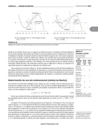 CAPÍTULO 4 ANÁLISIS DE POSICIÓN 181
4
puede no ser factible. En tal caso, se requiere un método iterativo y el método de Newton-Raphson
(en ocasiones llamado sólo método de Newton) es uno que puede resolver conjuntos de ecuaciones
simultáneas no lineales. Cualquier método de solución iterativo requiere uno o más valores supuestos
para iniciar el cálculo. Luego los utiliza para obtener una solución nueva que puede aproximarse
a la correcta. Este proceso se repite hasta que converge en una solución suficientemente próxima a
la correcta para propósitos prácticos. Sin embargo, no existe garantía de que un método iterativo
convergirá. Puede divergir y dar soluciones sucesivas que se alejan de la correcta, en especial si la
suposición inicial no se aproxima lo suficiente a la solución real.
Aun cuando será necesario utilizar la versión multidimensional (versión de Newton-Raphson)
del método de Newton en estos problemas de mecanismos, es más fácil entender cómo funciona el
algoritmo si primero se analiza el método unidimensional de Newton encontrando las raíces de una
función no lineal única en una variable independiente. En seguida, se analizará el método multidi-
mensional de Newton-Raphson.
Determinación de una raíz unidimensional (método de Newton)
Una función no lineal tiene múltiples raíces, donde una raíz se define como la intersección de la
función con cualquier línea recta. Por lo general, el eje cero de la variable independiente es la línea
recta de la cual se desean las raíces. Considere, por ejemplo, un polinomio cúbico, el cual tendrá tres
raíces, con una cualquiera o todas reales.
y f x x x x= = − − + +( ) 3 2
2 50 60 (4.34)
Existe una solución de forma cerrada para las raíces de una función cúbica† que permite calcular
por anticipado que las raíces de esta función cúbica particular son reales y son x = –7.562, –1.177
y 6.740.
La figura 4-18 muestra esta función graficada en un rango de x. En la figura 4-18a se escoge un
valor inicial de x1 = 1.8. El algoritmo de Newton evalúa la función con este valor supuesto y se deter-
mina y1. El valor de y1 se compara con la tolerancia seleccionada por el usuario (por ejemplo, 0.001)
para comprobar si se aproxima lo suficiente a cero y llamar a x1 la raíz. Si no, entonces la pendiente
(m) de la función en x1, y1 se calcula con una expresión analítica para la derivada de la función, o
con una diferenciación numérica (menos deseable). Luego se evalúa la ecuación de la línea tangente
para determinar su intersección en x2, la cual se utiliza como un nuevo valor supuesto. El proceso
anterior se repite y se determina y2, el cual se prueba contra la tolerancia seleccionada por el usuario;
y, si es demasiado grande se calcula otra línea tangente o una intersección x es usada como nuevo
TABLA 4-1
Circuitos y ramas
en el mecanismo
de cuatro barras
Tipo
de meca- Núme- Rama
nismo de ro de por
cuatro circui- circui-
barras tos to
Triple ba-
lancín de
no Grashof 1 2
Manivela-
balancín
de Grashof* 2 1
Doble ma-
nivela de
Grashof* 2 1
Doble ba-
lancín de
Grashof* 2 2
Manivela-
balancín
de Grashof* 2 2
* Válido sólo para mecanismos
de Grashof de caso no especial
FIGURA 4-18
Método de solución de Newton-Raphson para raíces de funciones no lineales
0
y
x
2 4 6 8 10–2–4–6–8–10
0
0
y
x
2 4 6 8 10–2–4–6–8–10
0
m
m
a) Una suposición de x = 1.8 converge a la raíz
en x = –1.177
b) Una suposición de x = 2.5 converge a la raíz
en x = –7.562
y1
x2
y2
suposición
x3
y3
tangente
x1 = 2.5
y1
suposi-
ción
tangente
x2
y2
x3
y3
x4
y4
tangente tangente
x1 = 1.8
† Método de Viete tomado de
“De Emendatione” de Fran-
cois Viete (1615) como se
describe en la referencia [4].
Norton04.indd 181Norton04.indd 181 1/29/09 6:40:55 PM1/29/09 6:40:55 PM
www.FreeLibros.me
 