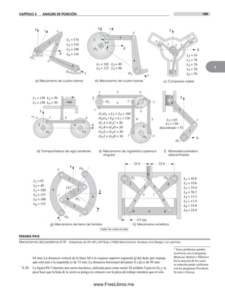 CAPÍTULO 4 ANÁLISIS DE POSICIÓN 189
4
d) Transportadora de viga oscilante e) Mecanismo de cigüeñal o palanca
angular
f) Manivela-corredera
descentradas
2
3
A
B
O2
O4
4
L4 = 110
L3 = 108
L2 = 116
L1 = 174
todas las cotas en mm
O2 A = O2C = 20
O4 B = O4D = 20
O4 E = O4G = 30
O8 F = O8H = 30
O2O4 = L3 = L5 = 160
= L6 = L7 = 120O8O4
O2
2
3
4
L3 = 130
L2 = 63
descentrado = 52
2
BA
O2 O4
w2 3
4
caja
L2 = 30L1 = 150
L4 = 30L3 = 150
O2
O4
O6
2
3
4
6
5
L4 = 153
L3 = 100
L2 = 49
L1 = 87
L6 = 153
L5 = 100
L4 = 70
L3 = 70
L2 = 19
L5 = 70
L6 = 70
23
4
5
6
7
8
3
7
8
6
B
C
O2
O4
O8
D
E
HF
G
A
2
5 4
L4 = 38.3
L3 = 19.4
L2 = 19.8
L1 = 45.8
L5 = 13.3
L7 = 13.3
L8 = 19.8
L9 = 19.4
O2 O8
2
3
4
5 7
6
8
9
D
C
A
E
B
B
A
B
C
D
A
2
3
4
A
B
L4 = 122 L3 = 96
L2 = 40L1 = 162
O2
O4
121°
4.5 typ.
22.9 22.9
c) Compresor radialb) Mecanismo de cuatro barrasa) Mecanismo de cuatro barras
g) Mecanismo de freno de tambor h) Mecanismo simétrico
X
Y
x
y
X
Y
X
Y
X
Y
X
Y
x
y
X
Y
x
y
57°
FIGURA P4-5
Mecanismos del problema 4-18 Adaptado de P.H. Hill y W.P. Rule. (1960) Mechanisms: Analysis and Design, con permiso
64 mm. La distancia vertical de la línea AD a la esquina superior izquierda Q del dedo que empuja
que está más a la izquierda es de 73 mm. La distancia horizontal del punto A a Q es de 95 mm.
†4-20 La figura P4-7 muestra una sierra mecánica, utilizada para cortar metal. El eslabón 5 gira en O5 y su
peso hace que la hoja de la sierra se ponga en contacto con la pieza de trabajo mientras que el esla-
† Estos problemas pueden
resolverse con el programa
Mathcad, Matlab o TKSolver.
En la mayoría de los casos
su solución puede verificarse
con los programas Fourbar,
Slider o Sixbar.
Norton04.indd 189Norton04.indd 189 1/29/09 6:41:01 PM1/29/09 6:41:01 PM
www.FreeLibros.me
 