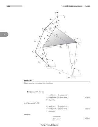 204 CINEMÁTICA DE MECANISMOS PARTE I
5
En la ecuación 5.10a sea:
A
B
= −( )−
= −( )−
cos cos
cos cos
σ γ σ γ
ψ α
2 2
2
1
1
sen sen
senn senψ α
δ
2
21 2C p= cos
(5.11a)
y en la ecuación 5.10b:
D
E
= −( )+
= −( )+
sen sen
sen
σ γ σ γ
ψ α
cos cos
cos co
2 2
2
1
1 ssψ α
δ
sen
sen
2
21 2F p=
(5.11b)
entonces:
Au Bs C
Du Es F
+ =
+ = (5.11c)
f
3
2
4
1
q
X
jY
b2
g2
d2
a2
P21
R2
R1
P1
P2
A1
A2
W2
W1
Z2
Z1
G1
U1U2
V1
B1
B2
S1
S2
O2
O4
s
y
FIGURA 5-2
Díada derecha mostrada en dos posiciones
Norton05.indd 204Norton05.indd 204 1/29/09 6:41:45 PM1/29/09 6:41:45 PM
www.FreeLibros.me
 