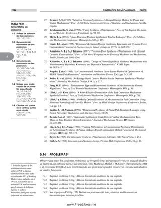 236 CINEMÁTICA DE MECANISMOS PARTE I
5
27 Kramer, S. N. (1987). “Selective Precision Synthesis—A General Design Method for Planar and
Spatial Mechanisms.” Proc. of 7th World Congress on Theory of Machines and Mechanisms, Sevilla,
España.
28 Krishnamurthi, S. et al. (1993). “Fuzzy Synthesis of Mechanisms.” Proc. of 3rd Applied Mechanis-
ms and Robotics Conference, Cincinnati, pp. 94-101.
29 Mirth, J. A. (1994). “Quasi-Precision Position Synthesis of Fourbar Linkages.” Proc. of 23rd Bien-
nial Mechanisms Conference, Minneapolis, MN, p. 215.
30 Conte, F. L. et al. (1975). “Optimum Mechanism Design Combining Kinematic and Dynamic-Force
Considerations.” Journal of Engineering for lndustry (mayo de 1975), pp. 662-670.
31 Kakatsios, A. J. y S. J. Tricamo. (1987). “Precision Point Synthesis of Mechanisms with Optimal
Dynamic Characteristics.” Proc. of 7th World Congress on the Theory of Machines and Mechanisms,
Sevilla, España, pp. 1041-1046.
32 Kakatsios, A. J. y S. J. Tricamo. (1986). “Design of Planar Rigid Body Guidance Mechanisms with
Simultaneously Optimized Kinematic and Dynamic Characteristics.” ASME Paper:
86-DET-142.
33 Angeles, J. et al. (1988). “An Unconstrained Nonlinear Least-Square Method of Optimization of
RRRR Planar Path Generators.” Mechanism and Machine Theory, 23(5), pp. 343-353.
34 Aviles, R. et al. (1994). “An Energy-Based General Method for the Optimum Synthesis of Mecha-
nisms.” Journal of Mechanical Design, 116(1), p. 127.
35 Fang, W. E. (1994). “Simultaneous Type and Dimensional Synthesis of Mechanisms by Genetic
Algorithms.” Proc. of 23rd Biennial Mechanisms Conference, Minneapolis, MN, p. 36.
36 Ullah, I. y S. Kota. (1994). “A More Effective Formulation of the Path Generation Mechanism
Synthesis Problem.” Proc. of 23rd Biennial Mechanism Conference, Minneapolis, MN, p. 239.
37 Ullah, I y S. Kota. (1996). “Globally-Optimal Synthesis of Mechanisms for Path Generation Using
Simulated Annealing and Powell’s Method.” Proc. of ASME Design Engineering Conference, Irvine,
CA, pp. 1-8.
38 Vasiliu, A. y B. Yannou. (1998). “Dimensional Synthesis of Planar Path Generator Linkages Using
Neural Networks.” Mechanism and Machine Theory, 32(65).
39 Bawab, S. et al. (1997). “Automatic Synthesis of Crank Driven Fourbar Mechanisms for Two,
Three, or Four Position Motion Generation.” Journal of Mechanical Design, 119 (junio),
pp. 225-231.
40 Liu, A. X. y T. L. Yang. (1999). “Finding All Solutions to Unconstrained Nonlinear Optimization
for Approximate Synthesis of Planar Linkages Using Continuation Method.” Journal of Mechanical
Design, 121(3), pp. 368-374.
41 Beyer, R. (1963). The Kinematic Synthesis of Mechanisms. McGraw-Hill: NuevaYork., p. 254.
42 Hall, A. S. (1961). Kinematics and Linkage Design. Prentice-Hall: Englewood Cliffs, NJ, p. 49.
5.16 PROBLEMAS‡
Observe que todos los siguientes problemas de tres posiciones pueden resolverse con una calculadora
de matrices, un software para ecuaciones tal como Mathcad, Matlab o TKSolver, el programa MATRIX
o el programa FOURBAR. Los problemas de dos posiciones pueden resolverse con una calculadora
de cuatro funciones.
5-1 Repita el problema 3-3 (p. 141) con los métodos analíticos de este capítulo.
5-2 Repita el problema 3-4 (p. 141) con los métodos analíticos de este capítulo.
5-3 Repita el problema 3-5 (p. 141) con los métodos analíticos de este capítulo.
5-4 Repita el problema 3-6 (p. 141) con los métodos analíticos de este capítulo.
5-5 Vea el proyecto P3-8 (p. 152). Defina tres posiciones del bote y sintetice analíticamente un
mecanismo para moverse por ellos.
TABLA P5-0
Tema/Matriz de
problema
5.2 Síntesis de balancín
de dos posiciones
5-51, 5-52, 5-53
5.3 Generación de
movimiento de dos
posiciones
5-1, 5-2, 5-8, 5-9,
5-12, 5-13, 5-16, 5-17,
5-21, 5-22,
5-23
5.6 Generación de
movimiento de tres
posiciones
5-3, 5-10, 5-14, 5-18,
5-24, 5-25, 5-27,
5-28, 5-31, 5-32,
5-34, 5-37, 5-38, 5-39,
5-41, 5-42,
5-44, 5-45
5.8 Síntesis para la ubi-
cación de un pivote
ﬁjo especiﬁcado
5-4, 5-5, 5-6, 5-7,
5-11, 5-15, 5-19,
5-26, 5-29, 5-30,
5-33, 5-35, 5-36, 5-40,
5-43, 5-46, 5-54 a 5-64
5.9 Círculos con puntos
en el centro y puntos
en el círculo
5-20, 5-47, 5-48,
5-49, 5-50
‡ Todas las figuras de los
problemas vienen como
archivos PDF y algunas
también vienen como archi-
vos animados AVI y Working
Model; todos incluidos en el
DVD. Los nombres de los
archivos PDF son los mismos
que el número de la figura.
Ejecute el archivo
Animations.html para acceder
y ejecutar las animaciones.
Norton05.indd 236Norton05.indd 236 1/29/09 6:42:06 PM1/29/09 6:42:06 PM
www.FreeLibros.me
 