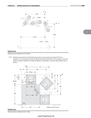 CAPÍTULO 5 SÍNTESIS ANALÍTICA DE MECANISMOS 239
5
†5-22 Diseñe un mecanismo de cuatro barras para mover la caja mostrada en la figura P5-4 de la
posición 1 a la 3 sin tomar en cuenta las ubicaciones de los pivotes fijos. Use los puntos A y B como
puntos de fijación. Determine el rango del ángulo de transmisión. Los pivotes fijos deberán estar en
la base.
O2 O4
P2
P1
P3
X
Y
111.8°
237.4°
191.1°
0.907
1.447
0.212
1.788
1.994
FIGURA P5-3
Datos para los problemas 5-16 a 5-20
FIGURA P5-4
Datos para los problemas 5-21 a 5-26
167
180
86 típ.
52 típ.
17
típ.
184
211
180
43
todas las cotas en mm
86
104
132
155
y
x
43 típ.
86 típ.
17
A1
P1
P2
A2
B1
B2
A3
B3
P3
90°
45°
0°
base
Norton05.indd 239Norton05.indd 239 1/29/09 6:42:08 PM1/29/09 6:42:08 PM
www.FreeLibros.me
 