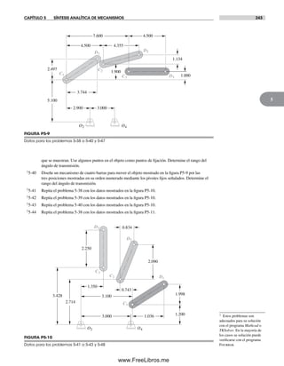 CAPÍTULO 5 SÍNTESIS ANALÍTICA DE MECANISMOS 243
5
que se muestran. Use algunos puntos en el objeto como puntos de fijación. Determine el rango del
ángulo de transmisión.
†5-40 Diseñe un mecanismo de cuatro barras para mover el objeto mostrado en la figura P5-9 por las
tres posiciones mostradas en su orden numerado mediante los pivotes fijos señalados. Determine el
rango del ángulo de transmisión.
†5-41 Repita el problema 5-38 con los datos mostrados en la figura P5-10.
†5-42 Repita el problema 5-39 con los datos mostrados en la figura P5-10.
†5-43 Repita el problema 5-40 con los datos mostrados en la figura P5-10.
†5-44 Repita el problema 5-38 con los datos mostrados en la figura P5-11.
FIGURA P5-9
Datos para los problemas 5-38 a 5-40 y 5-47
O2 O4
C1
C2
D2D1
C3 D3
7.600 4.500
4.500 4.355
2.497
5.100
2.900
3.744
3.000
1.900
1.134
1.000
FIGURA P5-10
Datos para los problemas 5-41 a 5-43 y 5-48
O2 O4
C1
C2
D2
D1
C3
D3 0.834
2.250
1.350
2.714
3.428 3.100
3.000
0.743
1.036 1.200
1.998
2.090
† Estos problemas son
adecuados para su solución
con el programa Mathcad o
TKSolver. En la mayoría de
los casos su solución puede
verificarse con el programa
Fourbar.
Norton05.indd 243Norton05.indd 243 1/29/09 6:42:10 PM1/29/09 6:42:10 PM
www.FreeLibros.me
 