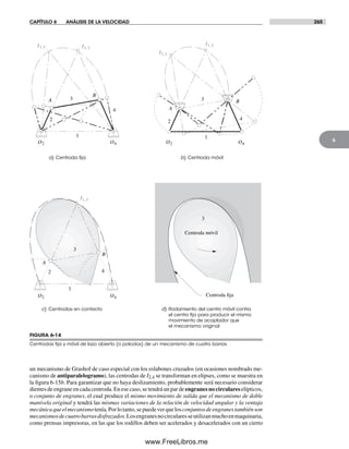 CAPÍTULO 6 ANÁLISIS DE LA VELOCIDAD 265
6
un mecanismo de Grashof de caso especial con los eslabones cruzados (en ocasiones nombrado me-
canismo de antiparalelogramo), las centrodas de I2,4 se transforman en elipses, como se muestra en
la figura 6-15b. Para garantizar que no haya deslizamiento, probablemente será necesario considerar
dientesdeengraneencadacentroda.Enesecaso,setendráunpardeengranesnocirculareselípticos,
o conjunto de engranes, el cual produce el mismo movimiento de salida que el mecanismo de doble
manivela original y tendrá las mismas variaciones de la relación de velocidad angular y la ventaja
mecánicaqueelmecanismotenía.Porlotanto,sepuedeverquelosconjuntosdeengranestambiénson
mecanismosdecuatrobarrasdisfrazados.Losengranesnocircularesseutilizanmuchoenmaquinaria,
como prensas impresoras, en las que los rodillos deben ser acelerados y desacelerados con un cierto
FIGURA 6-14
Centrodas ﬁja y móvil de lazo abierto (o polodos) de un mecanismo de cuatro barras
a) Centroda ﬁja b) Centroda móvil
c) Centrodas en contacto d) Rodamiento del centro móvil contra
el centro ﬁjo para producir el mismo
movimiento de acoplador que
el mecanismo original
4
1
A
B
3
2 2 4
1
A
B3
1
A
B
2 4
3
Centroda móvil
3
Centroda fija
I1,3 I1,3
I1,3
I1,3
O2 O4 O2 O4
O2 O4
I1,3
Norton06.indd 265Norton06.indd 265 1/29/09 6:43:19 PM1/29/09 6:43:19 PM
www.FreeLibros.me
 