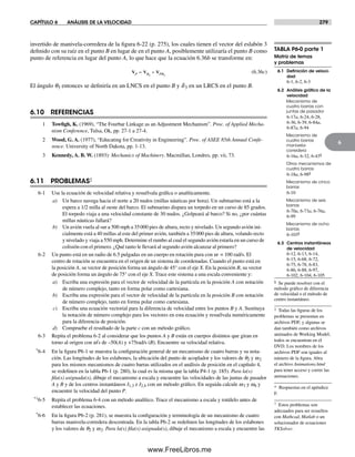 CAPÍTULO 6 ANÁLISIS DE LA VELOCIDAD 279
6
invertido de manivela-corredera de la figura 6-22 (p. 275), los cuales tienen el vector del eslabón 3
definido con su raíz en el punto B en lugar de en el punto A, posiblemente utilizaría el punto B como
punto de referencia en lugar del punto A, lo que hace que la ecuación 6.36b se transforme en:
V V VP B PB= +
3 3
(6.36c)
El ángulo q3 entonces se definiría en un LNCS en el punto B y d3 en un LRCS en el punto B.
6.10 REFERENCIAS
1 Towfigh, K. (1969), “The Fourbar Linkage as an Adjustment Mechanism”. Proc. of Applied Mecha-
nism Conference, Tulsa, Ok, pp. 27-1 a 27-4.
2 Wood, G. A. (1977), “Educating for Creativity in Engineering”. Proc. of ASEE 85th Annual Confe-
rence. University of North Dakota, pp. 1-13.
3 Kennedy, A. B. W. (1893): Mechanics of Machinery. Macmillan, Londres, pp. vii, 73.
6.11 PROBLEMAS‡
6-1 Use la ecuación de velocidad relativa y resuélvala gráfica o analíticamente.
a) Un barco navega hacia el norte a 20 nudos (millas náuticas por hora). Un submarino está a la
espera a 1/2 milla al oeste del barco. El submarino dispara un torpedo en un curso de 85 grados.
El torpedo viaja a una velocidad constante de 30 nudos. ¿Golpeará al barco? Si no, ¿por cuántas
millas náuticas fallará?
b) Un avión vuela al sur a 500 mph a 35000 pies de altura, recto y nivelado. Un segundo avión ini-
cialmente está a 40 millas al este del primer avión, también a 35000 pies de altura, volando recto
y nivelado y viaja a 550 mph. Determine el rumbo al cual el segundo avión estaría en un curso de
colisión con el primero. ¿Qué tanto le llevará al segundo avión alcanzar al primero?
6-2 Un punto está en un radio de 6.5 pulgadas en un cuerpo en rotación pura con w = 100 rad/s. El
centro de rotación se encuentra en el origen de un sistema de coordenadas. Cuando el punto está en
la posición A, su vector de posición forma un ángulo de 45° con el eje X. En la posición B, su vector
de posición forma un ángulo de 75° con el eje X. Trace este sistema a una escala conveniente y:
a) Escriba una expresión para el vector de velocidad de la partícula en la posición A con notación
de número complejo, tanto en forma polar como cartesiana.
b) Escriba una expresión para el vector de velocidad de la partícula en la posición B con notación
de número complejo, tanto en forma polar como cartesiana.
c) Escriba una ecuación vectorial para la diferencia de velocidad entre los puntos B y A. Sustituya
la notación de número complejo para los vectores en esta ecuación y resuélvala numéricamente
para la diferencia de posición.
d) Compruebe el resultado de la parte c con un método gráfico.
6-3 Repita el problema 6-2 al considerar que los puntos A y B están en cuerpos distintos que giran en
torno al origen con w′s de –50(A) y +75rad/s (B). Encuentre su velocidad relativa.
*6-4 En la figura P6-1 se muestra la configuración general de un mecanismo de cuatro barras y su nota-
ción. Las longitudes de los eslabones, la ubicación del punto de acoplador y los valores de q2 y w2
para los mismos mecanismos de cuatro barras utilizados en el análisis de posición en el capítulo 4,
se redefinen en la tabla P6-1 (p. 280), la cual es la misma que la tabla P4-1 (p. 185). Para la(s)
fila(s) asignada(s), dibuje el mecanismo a escala y encuentre las velocidades de las juntas de pasador
A y B y de los centros instantáneos I1,3 e I2,4 con un método gráfico. En seguida calcule w3 y w4 y
encuentre la velocidad del punto P.
*†6-5 Repita el problema 6-4 con un método analítico. Trace el mecanismo a escala y rotúlelo antes de
establecer las ecuaciones.
*6-6 En la figura P6-2 (p. 281), se muestra la configuración y terminología de un mecanismo de cuatro
barras manivela-corredera descentrada. En la tabla P6-2 se redefinen las longitudes de los eslabones
y los valores de q2 y w2. Para la(s) fila(s) asignada(s), dibuje el mecanismo a escala y encuentre las
‡ Todas las figuras de los
problemas se presentan en
archivos PDF, y algunas se
dan también como archivos
animados de Working Model;
todos se encuentran en el
DVD. Los nombres de los
archivos PDF son iguales al
número de la figura. Abra
el archivo Animations.html
para tener acceso y correr las
animaciones.
* Respuestas en el apéndice
F.
† Estos problemas son
adecuados para ser resueltos
con Mathcad, Matlab o un
solucionador de ecuaciones
TKSolver.
TABLA P6-0 parte 1
Matriz de temas
y problemas
6.1 Deﬁnición de veloci-
dad
6-1, 6-2, 6-3
6.2 Análisis gráﬁco de la
velocidad
Mecanismo de
cuatro barras con
juntas de pasador
6-17a, 6-24, 6-28,
6-36, 6-39, 6-84a,
6-87a, 6-94
Mecanismo de
cuatro barras
manivela-
corredera
6-16a, 6-32, 6-43§
Otros mecanismos de
cuatro barras
6-18a, 6-98§
Mecanismo de cinco
barras
6-10
Mecanismo de seis
barras
6-70a, 6-73a, 6-76a,
6-99
Mecanismo de ocho
barras
6-103§
6.3 Centros instantáneos
de velocidad
6-12, 6-13, 6-14,
6-15, 6-68, 6-72,
6-75, 6-78, 6-83,
6-86, 6-88, 6-97,
6-102, 6-104, 6-105
§ Se puede resolver con el
método gráfico de diferencia
de velocidad o el método de
centro instantáneo.
Norton06.indd 279Norton06.indd 279 1/29/09 6:43:29 PM1/29/09 6:43:29 PM
www.FreeLibros.me
 