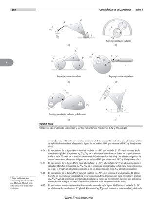 284 CINEMÁTICA DE MECANISMOS PARTE I
6
FIGURA P6-5
Problemas de análisis de velocidad y centro instantáneo. Problemas 6-12 y 6-16 a 6-20
a) b)
c) d )
e)
VA
2
3
4
Suponga contacto rodante
2
3
4
1
Suponga contacto rodante
Suponga contacto rodante y deslizante
2
3
2
3
4
A
B
C
Suponga contacto rodante
2
3
4
A B
C
2
4
3
A
B
1
1 C
1
w2 w2
w2
w2
f )
w2
O2
O3
O2
A
O2
O2
A
A
B
mostrada si w2 = 20 rad/s en el sentido contrario al de las manecillas del reloj. Use el método gráfico
de velocidad instantánea. (Imprima la figura de su archivo PDF que viene en el DVD y dibuje sobre
ella.)
6-29 El mecanismo de la figura P6-8b tiene el eslabón 1 a –36° y el eslabón 2 a 57° en el sistema XY de
coordenadas global. Encuentre w4, VA, VB en el sistema de coordenadas global en la posición mos-
trada si w2 = 20 rad/s en el sentido contrario al de las manecillas del reloj. Use el método gráfico de
centro instantáneo. (Imprima la figura de su archivo PDF que viene en el DVD y dibuje sobre ella.)
†6-30 El mecanismo de la figura P6-8b tiene el eslabón 1 a –36° y el eslabón 2 a 57° en el sistema de coor-
denadas XY global. Encuentre w4, VA, VB en el sistema de coordenadas global en la posición mostra-
da si w2 = 20 rad/s en el sentido contrario al de las manecillas del reloj. Use el método analítico.
†6-31 El mecanismo de la figura P6-8b tiene el eslabón 1 a –36° en el sistema de coordenadas XY global.
Escriba un programa de computadora o use una calculadora de ecuaciones para encontrar y graficar
w4, VA, VB en el sistema de coordenadas local para el rango de movimiento máximo que este meca-
nismo permite si w2 = 20 rad/s en el sentido contrario al de las manecillas del reloj.
6-32 El mecanismo manivela-corredera descentrado mostrado en la figura P6-8f tiene el eslabón 2 a 51°
en el sistema de coordenadas XY global. Encuentre VA, VB en el sistema de coordenadas global en la
† Estos problemas son
adecuados para ser resueltos
con Mathcad, Matlab o un
solucionador de ecuaciones
TKSolver.
Norton06.indd 284Norton06.indd 284 1/29/09 6:43:33 PM1/29/09 6:43:33 PM
www.FreeLibros.me
 