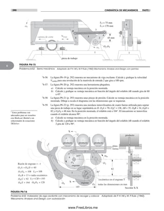 290 CINEMÁTICA DE MECANISMOS PARTE I
6 FIGURA P6-15
Problema 6-52 Sierra mecánica Adaptado de P. H. Hill y W. P. Rule (1960) Mechanisms: Analysis and Design, con permiso
A
B
O2 O5w2
Vhoja 2
3
4 5 2
3 5
4
pieza de trabajo
1
w5
carrera de corte 45 mm
L3 = 170 mm
L2 = 75 mm
1
† Estos problemas son
adecuados para ser resueltos
con Mathcad, Matlab o un
solucionador de ecuaciones
TKSolver.
†6-56 La figura P6-19 (p. 292) muestra un mecanismo de viga oscilante. Calcule y grafique la velocidad
Vsalida para una revolución de la manivela de entrada 2 que gira a 100 rpm.
†6-57 La figura P6-20 (p. 292) muestra una herramienta plegadora.
a) Calcule su ventaja mecánica en la posición mostrada.
b) Calcule y grafique su ventaja mecánica en función del ángulo del eslabón AB cuando gira de 60
a 45°.
†6-58 La figura P6-21 (p. 293) muestra unas pinzas de presión. Calcule su ventaja mecánica en la posición
mostrada. Dibuje a escala el diagrama con las dimensiones que se requieran.
†6-59 La figura P6-22 (p. 293) muestra una mordaza inmovilizadora de cuatro barras utilizada para sujetar
una pieza de trabajo en su lugar sujetándola en D. O2A = 70, O2C = 138, AB = 35, O4B = 34, O4D =
82 y O2O4 = 48 mm. En la posición mostrada, el eslabón está a 104°. El mecanismo se inmoviliza
cuando el eslabón alcanza 90°.
a) Calcule su ventaja mecánica en la posición mostrada.
b) Calcule y grafique su ventaja mecánica en función del ángulo del eslabón AB cuando el eslabón
2 gira de 120 a 90°.
O2A =O4 D = 40
O2
O4
O6
2
3
4
5
6
producto producto
3
5
Sección X-X
7
7
= 128O6O5
B
A
D
O5 B = 13 = radio excéntrico
O6 C = 92
L3 = 108
L7 = CB = 193
C ωin
plata-
forma
producto
todas las dimensiones en mm
O6 E = 164
E
Q
producto
P
engrane
engrane
4
185
82
= 108O2O4
excéntrico en el engrane 5
O5
107°
36°
Razón de engrane = –1
X
X
FIGURA P6-16
Problema 6-53 Indexador de viga oscilante con mecanismo de recoger y colocar Adaptado de P. H. Hill y W. P. Rule. (1960).
Mecanisms: Analysis and Design, con autorización
Norton06.indd 290Norton06.indd 290 1/29/09 6:43:37 PM1/29/09 6:43:37 PM
www.FreeLibros.me
 