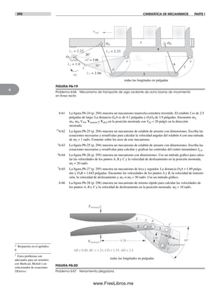 292 CINEMÁTICA DE MECANISMOS PARTE I
6
B
AP = 3.06
31°
L4 = 2.33
P
L3 = 2.06
L2 = 1.0
A
L1 = 2.22
P'
O2
O4
O6
6
5
7
8
1
w2
Vsal
26°
todas las longitudes en pulgadas
FIGURA P6-19
Problema 6-56 Mecanismo de transporte de viga oscilante de ocho barras de movimiento
en línea recta
* Respuestas en el apéndice
F.
† Estos problemas son
adecuados para ser resueltos
con Mathcad, Matlab o un
solucionador de ecuaciones
TKSolver.
6-61 La figura P6-24 (p. 294) muestra un mecanismo manivela-corredera invertido. El eslabón 2 es de 2.5
pulgadas de largo. La distancia O4A es de 4.1 pulgadas y O2O4 de 3.9 pulgadas. Encuentre w2,
w3, w4, VA4, Vtransm y Vdesl en la posición mostrada con VA2 = 20 pulg/s en la dirección
mostrada.
*†6-62 La figura P6-25 (p. 294) muestra un mecanismo de eslabón de arrastre con dimensiones. Escriba las
ecuaciones necesarias y resuélvalas para calcular la velocidad angular del eslabón 4 con una entrada
de w2 = 1 rad/s. Comente sobre los usos de este mecanismo.
†6-63 La figura P6-25 (p. 294) muestra un mecanismo de eslabón de arrastre con dimensiones. Escriba las
ecuaciones necesarias y resuélvalas para calcular y graficar las centrodas del centro instantáneo I2,4.
‡6-64 La figura P6-26 (p. 295) muestra un mecanismo con dimensiones. Use un método gráfico para calcu-
lar las velocidades de los puntos A, B y C y la velocidad de deslizamiento en la posición mostrada,
w2 = 20 rad/s.
*6-65 La figura P6-27 (p. 295) muestra un mecanismo de leva y seguidor. La distancia O2A = 1.89 pulga-
das y O3B = 1.645 pulgadas. Encuentre las velocidades de los puntos A y B, la velocidad de transmi-
sión, la velocidad de deslizamiento y w3 si w2 = 50 rad/s. Use un método gráfico.
6-66 La figura P6-28 (p. 296) muestra un mecanismo de retorno rápido para calcular las velocidades de
los puntos A, B y C y la velocidad de deslizamiento en la posición mostrada. w2 = 10 rad/s.
4
3
2
1
Fmanual
Fmanual
A B
C
D
Fplegamiento
49°
AB = 0.80, BC = 1.23, CD = 1.55, AD = 2.4
1.0
4.26
todas las longitudes en pulgadas
FIGURA P6-20
Problema 6-57 Herramienta plegadora
Norton06.indd 292Norton06.indd 292 1/29/09 6:43:38 PM1/29/09 6:43:38 PM
www.FreeLibros.me
 