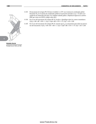 300 CINEMÁTICA DE MECANISMOS PARTE I
6
6-103 El mecanismo de la figura P6-33f tiene el eslabón 2 a 130° en el sistema de coordenadas global.
Encuentre VD en el sistema de coordenadas global en la posición mostrada si w2 = 15 rad/s en el
sentido de las manecillas del reloj. Use cualquier método gráfico. (Imprima la figura de su archivo
PDF que viene en el DVD y dibuje sobre ella.)
6-104 En el caso del mecanismo de la figura P6-34, localice e identifique todos los centros instantáneos.
O2O4 = AB = BC = DE = 1. O2A = O4B = BE = CD = 1.75. O4C = AE = 2.60
6-105 En el caso del mecanismo de la figura P6-34, muestre que I1,6 es estacionario para todas las posicio-
nes del mecanismo. O2O4 = AB = BC = DE = 1. O2A = O4B = BE = CD = 1.75. O4C = AE = 2.60
FIGURA P6-34
Problemas 6-104 y 6-105
O2
O4
2
3
4
5
6
A
B
C
D
E
Norton06.indd 300Norton06.indd 300 1/29/09 6:43:44 PM1/29/09 6:43:44 PM
www.FreeLibros.me
 
