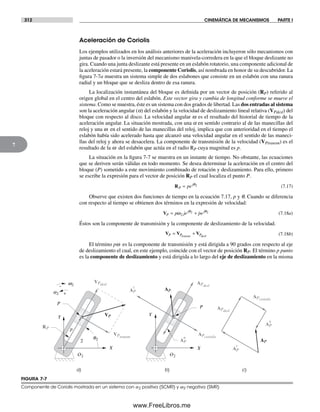 312 CINEMÁTICA DE MECANISMOS PARTE I
7
Aceleración de Coriolis
Los ejemplos utilizados en los análisis anteriores de la aceleración incluyeron sólo mecanismos con
juntas de pasador o la inversión del mecanismo manivela-corredera en la que el bloque deslizante no
gira. Cuando una junta deslizante está presente en un eslabón rotatorio, una componente adicional de
la aceleración estará presente, la componente Coriolis, así nombrada en honor de su descubridor. La
figura 7-7a muestra un sistema simple de dos eslabones que consiste en un eslabón con una ranura
radial y un bloque que se desliza dentro de esa ranura.
La localización instantánea del bloque es definida por un vector de posición (RP) referido al
origen global en el centro del eslabón. Este vector gira y cambia de longitud conforme se mueve el
sistema. Como se muestra, éste es un sistema con dos grados de libertad. Las dos entradas al sistema
son la aceleración angular (a) del eslabón y la velocidad de deslizamiento lineal relativa (VPdesl) del
bloque con respecto al disco. La velocidad angular w es el resultado del historial de tiempo de la
aceleración angular. La situación mostrada, con una a en sentido contrario al de las manecillas del
reloj y una w en el sentido de las manecillas del reloj, implica que con anterioridad en el tiempo el
eslabón había sido acelerado hasta que alcanzó una velocidad angular en el sentido de las maneci-
llas del reloj y ahora se desacelera. La componente de transmisión de la velocidad (VPtransm) es el
resultado de la w del eslabón que actúa en el radio RP cuya magnitud es p.
La situación en la figura 7-7 se muestra en un instante de tiempo. No obstante, las ecuaciones
que se deriven serán válidas en todo momento. Se desea determinar la aceleración en el centro del
bloque (P) sometido a este movimiento combinado de rotación y deslizamiento. Para ello, primero
se escribe la expresión para el vector de posición RP el cual localiza el punto P.
RP
j
pe= θ2 (7.17)
Observe que existen dos funciones de tiempo en la ecuación 7.17, p y q. Cuando se diferencia
con respecto al tiempo se obtienen dos términos en la expresión de velocidad:
VP
j j
p je pe= +ω θ θ
2
2 2 (7.18a)
Éstos son la componente de transmisión y la componente de deslizamiento de la velocidad.
V V VP P Ptransm desl
= + (7.18b)
El término pw es la componente de transmisión y está dirigida a 90 grados con respecto al eje
de deslizamiento el cual, en este ejemplo, coincide con el vector de posición RP. El término p punto
es la componente de deslizamiento y está dirigida a lo largo del eje de deslizamiento en la misma
O2
w2
q2
a2
RP
VP
VPdesl
a) b) c)
AP
X
Y
p
2
P
X
Y
P
+
–
AP
n
AP
t
VPtransm
O2
APdesl
APcoriolis
APcoriolis
APdesl
AP
n
AP
t
AP
FIGURA 7-7
Componente de Coriolis mostrada en un sistema con a2 positiva (SCMR) y w2 negativa (SMR)
Norton07.indd 312Norton07.indd 312 1/29/09 6:44:42 PM1/29/09 6:44:42 PM
www.FreeLibros.me
 