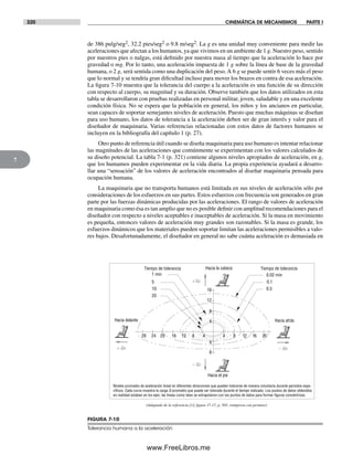 320 CINEMÁTICA DE MECANISMOS PARTE I
7
de 386 pulg/seg2, 32.2 pies/seg2 o 9.8 m/seg2. La g es una unidad muy conveniente para medir las
aceleraciones que afectan a los humanos, ya que vivimos en un ambiente de 1 g. Nuestro peso, sentido
por nuestros pies o nalgas, está definido por nuestra masa al tiempo que la aceleración lo hace por
gravedad o mg. Por lo tanto, una aceleración impuesta de 1 g sobre la línea de base de la gravedad
humana, o 2 g, será sentida como una duplicación del peso. A 6 g se puede sentir 6 veces más el peso
que lo normal y se tendría gran dificultad incluso para mover los brazos en contra de esa aceleración.
La figura 7-10 muestra que la tolerancia del cuerpo a la aceleración es una función de su dirección
con respecto al cuerpo, su magnitud y su duración. Observe también que los datos utilizados en esta
tabla se desarrollaron con pruebas realizadas en personal militar, joven, saludable y en una excelente
condición física. No se espera que la población en general, los niños y los ancianos en particular,
sean capaces de soportar semejantes niveles de aceleración. Puesto que muchas máquinas se diseñan
para uso humano, los datos de tolerancia a la aceleración deben ser de gran interés y valor para el
diseñador de maquinaria. Varias referencias relacionadas con estos datos de factores humanos se
incluyen en la bibliografía del capítulo 1 (p. 27).
Otro punto de referencia útil cuando se diseña maquinaria para uso humano es intentar relacionar
las magnitudes de las aceleraciones que comúnmente se experimentan con los valores calculados de
su diseño potencial. La tabla 7-1 (p. 321) contiene algunos niveles apropiados de aceleración, en g,
que los humamos pueden experimentar en la vida diaria. La propia experiencia ayudará a desarro-
llar una “sensación” de los valores de aceleración encontrados al diseñar maquinaria pensada para
ocupación humana.
La maquinaria que no transporta humanos está limitada en sus niveles de aceleración sólo por
consideraciones de los esfuerzos en sus partes. Estos esfuerzos con frecuencia son generados en gran
parte por las fuerzas dinámicas producidas por las aceleraciones. El rango de valores de aceleración
en maquinaria como ésa es tan amplio que no es posible definir con amplitud recomendaciones para el
diseñador con respecto a niveles aceptables e inaceptables de aceleración. Si la masa en movimiento
es pequeña, entonces valores de aceleración muy grandes son razonables. Si la masa es grande, los
esfuerzos dinámicos que los materiales pueden soportar limitan las aceleraciones permisibles a valo-
res bajos. Desafortunadamente, el diseñador en general no sabe cuánta aceleración es demasiada en
FIGURA 7-10
Tolerancia humana a la aceleración
– Gz
Hacia el pie
Hacia la cabeza
+ Gz
Hacia atrás
– Gx
0.02 min
Tiempo de tolerancia
0.1
0.5
1 min
5
10
20
Tiempo de tolerancia
Niveles promedio de aceleración lineal en diferentes direcciones que pueden tolerarse de manera voluntaria durante periodos espe-
cíﬁcos. Cada curva muestra la carga G promedio que puede ser tolerada durante el tiempo indicado. Los puntos de datos obtenidos
en realidad estaban en los ejes; las líneas como tales se extrapolaron con los puntos de datos para formar ﬁguras concéntricas.
.
(Adaptado de la referencia [1], figura 17-17, p. 505, reimpresa con permiso)
Hacia delante
+ Gx
4
8
12
16
4
8
4 4 8 12 16 2081216202428
Norton07.indd 320Norton07.indd 320 1/29/09 6:44:48 PM1/29/09 6:44:48 PM
www.FreeLibros.me
 