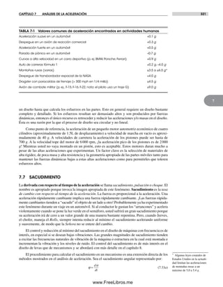 CAPÍTULO 7 ANÁLISIS DE LA ACELERACIÓN 321
7
un diseño hasta que calcula los esfuerzos en las partes. Esto en general requiere un diseño bastante
completo y detallado. Si los esfuerzos resultan ser demasiado altos y son producidos por fuerzas
dinámicas, entonces el único recurso es retroceder y reducir las aceleraciones y/o masas en el diseño.
Ésta es una razón por la que el proceso de diseño sea circular y no lineal.
Como punto de referencia, la aceleración de un pequeño motor automotriz económico de cuatro
cilindros (aproximadamente de 1.5L de desplazamiento) a velocidad de marcha en vacío es aproxi-
madamente de 40 g. A velocidades de carretera la aceleración de los pistones puede ser hasta de
700 g. A la velocidad tope del motor de 6000 rpm, ¡la aceleración pico de los pistones es de 2000
g! Mientras usted no vaya montado en un pistón, esto es aceptable. Estos motores duran mucho a
pesar de las altas aceleraciones que experimentan. Un factor clave es la selección de materiales de
alta rigidez, de poca masa y alta resistencia y la geometría apropiada de las partes móviles tanto para
mantener las fuerzas dinámicas bajas a estas altas aceleraciones como para permitirles que toleren
esfuerzos altos.
7.7 SACUDIMIENTO
La derivada con respecto al tiempo de la aceleración se llama sacudimiento, pulsación o choque. El
nombre es apropiado porque invoca la imagen apropiada de este fenómeno. Sacudimiento es la tasa
de cambio con respecto al tiempo de la aceleración. La fuerza es proporcional a la aceleración. Una
aceleración rápidamente cambiante implica una fuerza rápidamente cambiante. ¡Las fuerzas rápida-
mente cambiantes tienden a “sacudir” el objeto de un lado a otro! Probablemente ya ha experimentado
este fenómeno durante un viaje en un automóvil. Si al conductor le gustan los “arrancones” y acelera
violentamente cuando se pone la luz verde en el semáforo, usted sufrirá un gran sacudimiento porque
su aceleración irá de cero a un valor grande de una manera bastante repentina. Pero, cuando Jeeves,
el chofer, maneja el Rolls, siempre intenta reducir al mínimo el sacudimiento acelerando uniforme
y suavemente, de modo que la Señora no se entere del cambio.
El control y reducción al mínimo del sacudimiento en el diseño de máquinas con frecuencia es de
interés, en especial si se desean bajas vibraciones. Las grandes magnitudes de sacudimiento tienden
a excitar las frecuencias naturales de vibración de la máquina o estructura en la cual está montada e
incrementan la vibración y los niveles de ruido. El control del sacudimiento es de más interés en el
diseño de levas que de mecanismos y se abordará con más detalle en el capítulo 8.
El procedimiento para calcular el sacudimiento en un mecanismo es una extensión directa de los
métodos mostrados en el análisis de aceleración. Sea el sacudimiento angular representado por:
ϕ
α
=
d
dt
(7.33a)
TABLA 7-1 Valores comunes de aceleración encontrados en actividades humanas
Aceleración suave en un automóvil +0.1 g
Despegue en un avión de reacción comercial +0.3 g
Aceleración fuerte en un automóvil +0.5 g
Parada de pánico en un automóvil –0.7 g
Curvas a alta velocidad en un carro deportivo (p. ej. BMW, Porsche, Ferrari) +0.9 g
Auto de carreras fórmula 1 +0.2 g, –4.0 g
Montañas rusas (varias) ±3.5 a ±6.5 g*
Despegue de transbordador espacial de la NASA +4.0 g
Dragster con paracaídas de frenaje (> 300 mph en 1/4 milla) ±4.5 g
Avión de combate militar (p. ej., F-15, F-16, F-22, nota: el piloto usa un traje G) ±9.0 g
* Algunas leyes estatales de
Estados Unidos en la actuali-
dad limitan las aceleraciones
de montañas rusas a un
máximo de 5.0 a 5.4 g.
Norton07.indd 321Norton07.indd 321 1/29/09 6:44:48 PM1/29/09 6:44:48 PM
www.FreeLibros.me
 