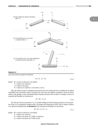 CAPÍTULO 2 FUNDAMENTOS DE CINEMÁTICA 35
2
M L J G= − −3 2 3 (2.1a)
donde: M = grado de libertad o movilidad
L = número de eslabones
J = número de juntas
G = número de eslabones conectados a tierra
Hay que observar que en cualquier mecanismo real, aun cuando más de un eslabón de la cadena
cinemática esté conectado a tierra, el efecto neto será crear un eslabón conectado a tierra de mayor
orden y más grande, ya que sólo puede haber un plano de tierra. Por lo tanto, G siempre es uno y la
ecuación de Gruebler se convierte en:
M L J= −( )−3 1 2 (2.1b)
El valor de J en las ecuaciones 2.1a y 2.1b debe reflejar el valor de todas las juntas en el mecanis-
mo. Esto es, las semijuntas cuentan como 1/2 porque sólo eliminan un GDL. Esto es menos confuso
si se utiliza la modificación de Kutzbach de la ecuación de Gruebler en esta forma:
M L J J= −( )− −3 1 2 1 2 (2.1c)
donde: M = grado de libertad o movilidad
L = número de eslabones
J1 = número de juntas de 1 GDL (completas)
J2 = número de juntas de 2 GDL (semi)
FIGURA 2-7
Las juntas eliminan grados de libertad
c) Conectados por una junta deslizante
y rodante (semijunta) GDL = 5
Δx1
Δy
Δx2
Δq2
Δq1
b) Conectados por una junta
completa GDL = 4 Δx
Δy
Δq1 Δq2
a) Dos eslabones desconectados
GDL = 6
Δq1 Δq2
Δx1
Δx2
Δy1 Δy2
Norton02.indd 35Norton02.indd 35 1/29/09 6:37:38 PM1/29/09 6:37:38 PM
www.FreeLibros.me
 