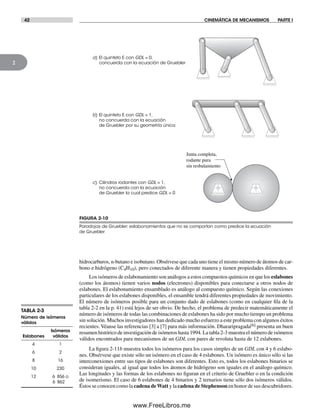 42 CINEMÁTICA DE MECANISMOS PARTE I
2
hidrocarburos, n-butano e isobutano. Obsérvese que cada uno tiene el mismo número de átomos de car-
bono e hidrógeno (C4H10), pero conectados de diferente manera y tienen propiedades diferentes.
Los isómeros de eslabonamiento son análogos a estos compuestos químicos en que los eslabones
(como los átomos) tienen varios nodos (electrones) disponibles para conectarse a otros nodos de
eslabones. El eslabonamiento ensamblado es análogo al compuesto químico. Según las conexiones
particulares de los eslabones disponibles, el ensamble tendrá diferentes propiedades de movimiento.
El número de isómeros posible para un conjunto dado de eslabones (como en cualquier fila de la
tabla 2-2 en la p. 41) está lejos de ser obvio. De hecho, el problema de predecir matemáticamente el
número de isómeros de todas las combinaciones de eslabones ha sido por mucho tiempo un problema
sin solución. Muchos investigadores han dedicado mucho esfuerzo a este problema con algunos éxitos
recientes. Véanse las referencias [3] a [7] para más información. Dhararipragada[6] presenta un buen
resumen histórico de investigación de isómeros hasta 1994. La tabla 2-3 muestra el número de isómeros
válidos encontrados para mecanismos de un GDL con pares de revoluta hasta de 12 eslabones.
La figura 2-11b muestra todos los isómeros para los casos simples de un GDL con 4 y 6 eslabo-
nes. Obsérvese que existe sólo un isómero en el caso de 4 eslabones. Un isómero es único sólo si las
interconexiones entre sus tipos de eslabones son diferentes. Esto es, todos los eslabones binarios se
consideran iguales, al igual que todos los átomos de hidrógeno son iguales en el análogo químico.
Las longitudes y las formas de los eslabones no figuran en el criterio de Gruebler o en la condición
de isomerismo. El caso de 6 eslabones de 4 binarios y 2 ternarios tiene sólo dos isómeros válidos.
Éstos se conocen como la cadena deWatt y la cadena de Stephenson en honor de sus descubridores.
TABLA 2-3
Número de isómeros
válidos
Isómeros
Eslabones válidos
4 1
6 2
8 16
10 230
12 6 856 o
6 862
FIGURA 2-10
Paradojas de Gruebler: eslabonamientos que no se comportan como predice la ecuación
de Gruebler
a) El quinteto E con GDL = 0,
concuerda con la ecuación de Gruebler
b) El quinteto E con GDL = 1,
no concuerda con la ecuación
de Gruebler por su geometría única
c) Cilindros rodantes con GDL = 1,
no concuerda con la ecuación
de Gruebler la cual predice GDL = 0
Junta completa,
rodante pura
sin resbalamiento
Norton02.indd 42Norton02.indd 42 1/29/09 6:37:43 PM1/29/09 6:37:43 PM
www.FreeLibros.me
 