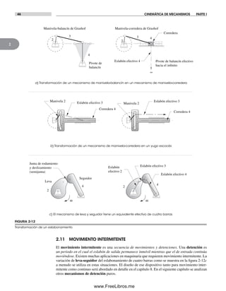 46 CINEMÁTICA DE MECANISMOS PARTE I
2
FIGURA 2-12
Transformación de un eslabonamiento
c) El mecanismo de leva y seguidor tiene un equivalente efectivo de cuatro barras
a) Transformación de un mecanismo de manivela-balancín en un mecanismo de manivela-corredera
b) Transformación de un mecanismo de manivela-corredera en un yugo escocés
2
4
Eslabón
efectivo 2
Eslabón efectivo 3
Eslabón efectivo 4
2
Leva
Seguidor
4
ω
Junta de rodamiento
y deslizamiento
(semijunta)
Manivela-corredera de Grashof
Pivote de
balancín
Manivela-balancín de Grashof
2
3
4
Pivote de balancín efectivo
hacia el infinito
2
3 4
Corredera
Eslabón efectivo 4
Corredera 4
Eslabón efectivo 3Manivela 2
Corredera 4
Eslabón efectivo 3
Manivela 2
∞
ω
2.11 MOVIMIENTO INTERMITENTE
El movimiento intermitente es una secuencia de movimientos y detenciones. Una detención es
un periodo en el cual el eslabón de salida permanece inmóvil mientras que el de entrada continúa
moviéndose. Existen muchas aplicaciones en maquinaria que requieren movimiento intermitente. La
variación de leva-seguidor del eslabonamiento de cuatro barras como se muestra en la figura 2-12c
a menudo se utiliza en estas situaciones. El diseño de ese dispositivo tanto para movimiento inter-
mitente como continuo será abordado en detalle en el capítulo 8. En el siguiente capítulo se analizan
otros mecanismos de detención puros.
Norton02.indd 46Norton02.indd 46 1/29/09 6:37:46 PM1/29/09 6:37:46 PM
www.FreeLibros.me
 