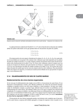 CAPÍTULO 2 FUNDAMENTOS DE CINEMÁTICA 55
2
La aplicación de la condición de Grashof S + L = P + Q (en función de las relaciones de eslabón)
define tres planos adicionales en los que quedan todos los mecanismos de punto de cambio.
1
1
1
1 3 4
3 1 4
4 1 3
+ = +
+ = +
+ = +
λ λ λ
λ λ λ
λ λ λ
(2.11)
El octante positivo de este espacio, limitado por los planos l1–l3, l1–l4, l3–l4 y los cuatro pla-
nos de movilidad cero (ecuación 2.10) contiene ocho volúmenes que están separados por los planos
de punto de cambio (ecuación 2.11). Cada volumen contiene mecanismos únicos para una de las pri-
meras ocho clasificaciones de la tabla 2-4 (p. 54). Estos ocho volúmenes están en contacto uno con
el otro en el espacio de solución, pero para mostrar sus formas se “separaron en piezas” en la figura
2-20. Los seis mecanismos de punto de cambio restantes de la tabla 2-4 (p. 54) existen sólo en los
planos de punto de cambio que son las caras de contacto entre los ocho volúmenes. Para más detalles
sobre este espacio de solución y el sistema de clasificación de Barker de los que permite el espacio
aquí, vea la referencia [10].
2.14 ESLABONAMIENTOS DE MÁS DE CUATRO BARRAS
Eslabonamientos de cinco barras engranados
Se ha visto que el eslabonamiento más simple con un GDL es el mecanismo de cuatro barras. Es un
dispositivo extremadamente versátil y útil. Muchos problemas de control de movimiento bastante
complejos se pueden resolver con sólo cuatro eslabones y cuatro pasadores. Así pues, por simpli-
cidad, los diseñadores siempre, en primer lugar, deberán tratar de resolver sus problemas con un
eslabonamiento de cuatro barras. Sin embargo, habrá casos en los que se requiere una solución más
complicada. Si se agrega un eslabón y una junta para formar un eslabonamiento de cinco barras (fi-
gura 2-21a) se incrementará el GDL de uno, a dos. Si se agrega un par de engranes para vincular los
dos eslabones con una nueva semijunta, el GDL se reduce de nuevo a uno, y se crea el mecanismo
de cinco barras engranado (GFBM) de la figura 2-21b*.
El mecanismo de cinco barras engranado produce movimientos más complejos que el mecanis-
mo de cuatro barras a expensas del eslabón agregado y el juego de engranes como se puede ver en
l1
l4
l3
1 - GCCC
2 - GCRR
3 - GRCR
4 - GRRC
5 - RRR1
6 - RRR2
7 - RRR3
8 - RRR4
4
5
2
3
8
1
7
6
FIGURA 2-20
Espacio para la solución de Barker del eslabonamiento de cuatro barras Adaptado de la referencia (10).
* Esta figura incluye el
archivo AVI y archivo de
Working Model en el DVD.
Su nombre de archivo es igual
al número de la figura.
Norton02.indd 55Norton02.indd 55 1/29/09 6:37:51 PM1/29/09 6:37:51 PM
www.FreeLibros.me
 